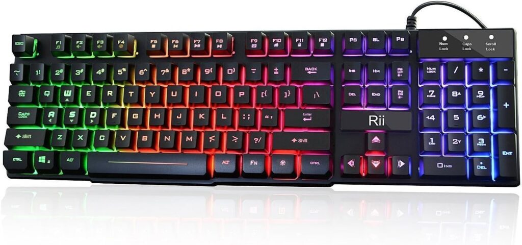 keyboard color for gaming Rii RK100+ Multiple Color Rainbow LED Backlit Large Size USB Wired Keyboard 
